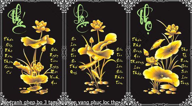 file tranh ghep bo 3 tam hoa sen vang phuc loc tho